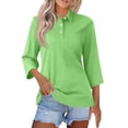 thumbnail image 2 of Womens V Neck 3/4 Sleeve Casual Polo Shirts Collared Button Down Summer Tops Basic Tennis Business T-Shirt Green L, 2 of 6