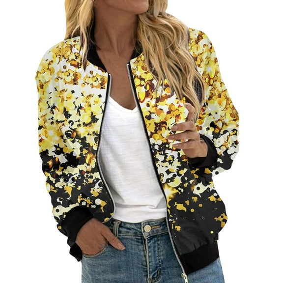 CILENON Bomber Jacket Women Autumn Fashion Leisure Square Thin Pocket Jacket Blouse Coat Baseball Top (Yellow,XL)