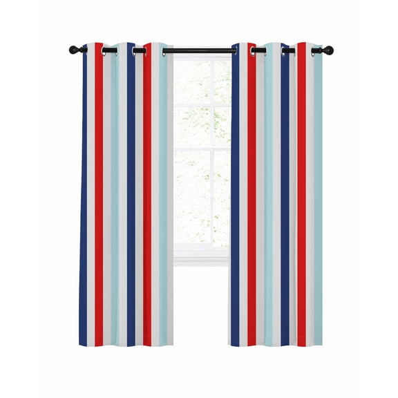 Red Blue Stripe Blackout Curtains 54 Inches Long for Bedroom, Gradient Geometric White Vertical Striped Thermal Insulated Room Darkening Black Out Window Curtain Panels Grommet Drapes for Living Room