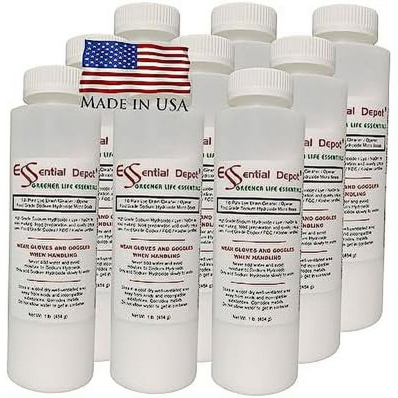 9   Grade Sodium Hydroxide Lye Evenly-Sized Micro Pels (Beads Or Particles) - 9 X 1 Lb Bottles - Lye Drain Cleaner - FREE SHIPPING