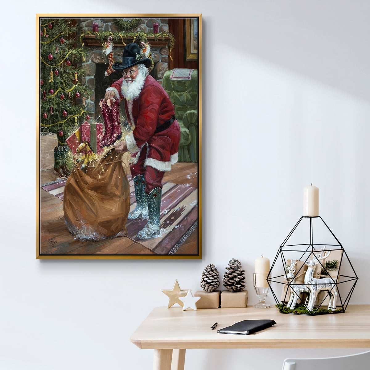 New Boots for Christmas - Framed Gallery Wrapped Holiday Canvas - 25 x 37 - Gold Frame