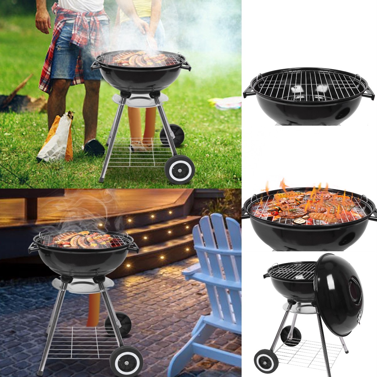 Goorabbit BBQ Smoker,Small Charcoal Grill, Charcoal BBQ Grill Charcoal with 2 Wheels, Outdoor BBQ Grill Charcoal with Ventilation & Metal Griddle, 18" Dia x 23.6" H Grill Outdoor Cooking,Black - image 1 of 14