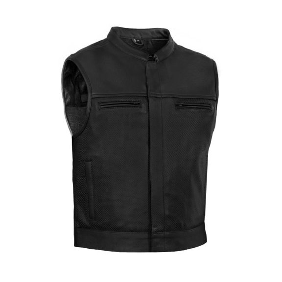 Men’s motorcycle Leather Vest – Premium Perforated Leather, Multi-Pocket Design, All-Season Wear