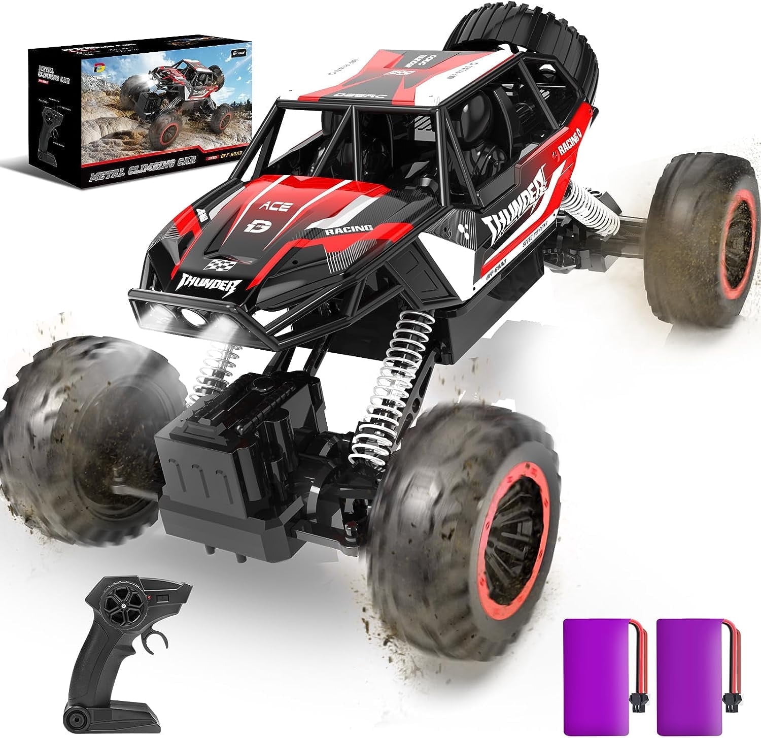 1:12 RC Cars 4WD off Road 2.4Ghz RC Monster Truck with Metal Shell and Light, Remote Control Car Crawler for Adult and Kid, 2 Batteries, Red