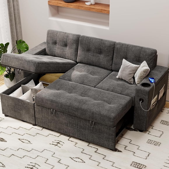 Sofa Bed, 84 in Sleeper Sofa with Pull Out Bed, Comfy Couches for Living Room with 2 Charging Ports, L Shaped Couch with 2 Storage Armrest and 2 Cup Holders, Dark Grey