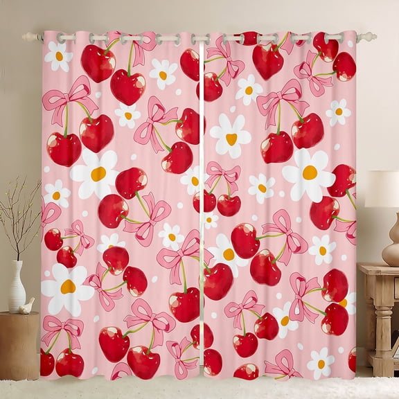Homewish Red Bowknot Cherry Black Out Curtains For Children Teens Girls,Chic Floral Daisy Curtains Pack of 2 (42x63 Each),Cartoon Polka Dots Bedroom Curtains,Luxury Bedroom Decor