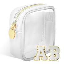 Small Clear Makeup Bag with Chenille Letter Patches & Sticker, Waterproof Mini Travel Toiletry Cosmetic Pouch with Zipper, Portable Cute Transparent Preppy Purse Organizer for Women White