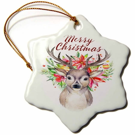 3dRose Pretty Watercolor Floral Deer With Antlers and Merry Christmas - Snowflake Ornament,