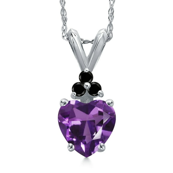 Gem Stone King 14K White Gold Purple Amethyst and Black Diamond Pendant Necklace for Women | 0.84 Cttw | Gemstone February Birthstone | Heart Shape 6MM | With 18 inch Chain