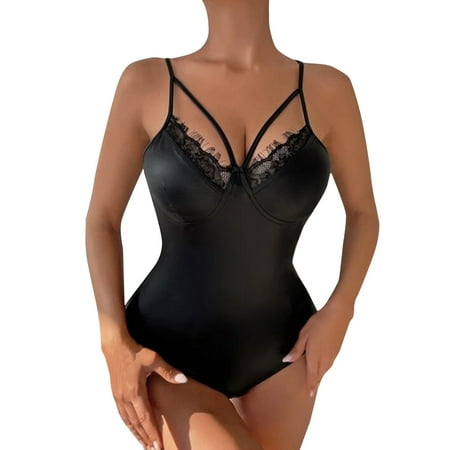 RUTAYY Women Black Mesh Leather Splicing Hollow Leather Bodysuit Lingerie Home Intimates Comfort