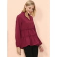 thumbnail image 2 of Mandarin Collar V Neck Bishop Sleeve Ruffle Hem Blouse for Women, 2 of 3