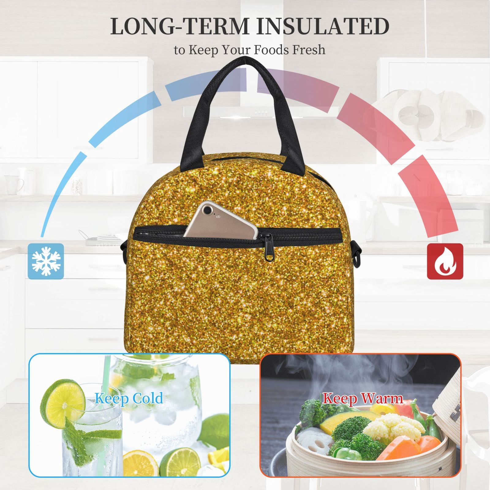 Naloa Gold Glitter Print Lunch Bag for Women & Men Insulated Lunch Box or Cooler Lunch Tote Bags for Work, Travel, Outdoor