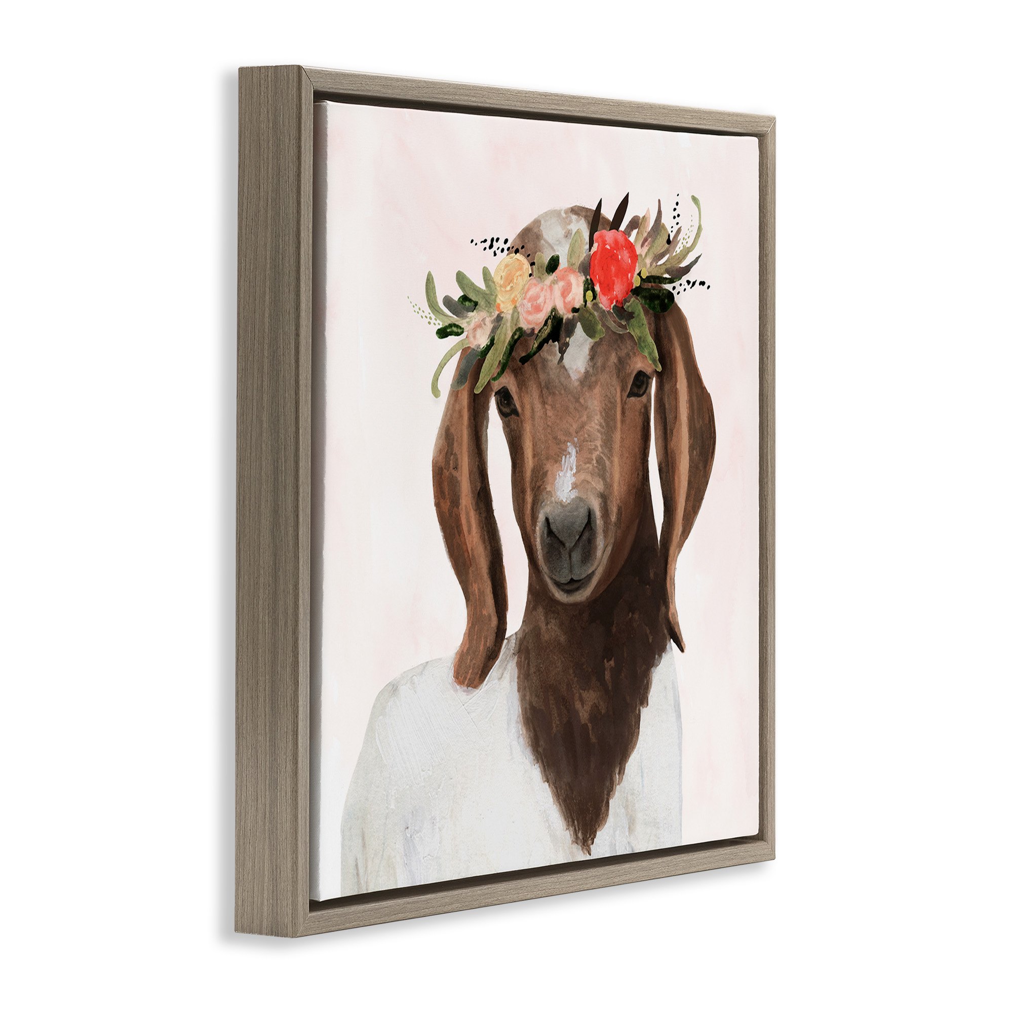 Stupell Industries Springtime Flower Crown Long Ear Goat Animals & Insects Painting Brown Floater Framed Canvas Art Print Wall Art, 18 x 18
