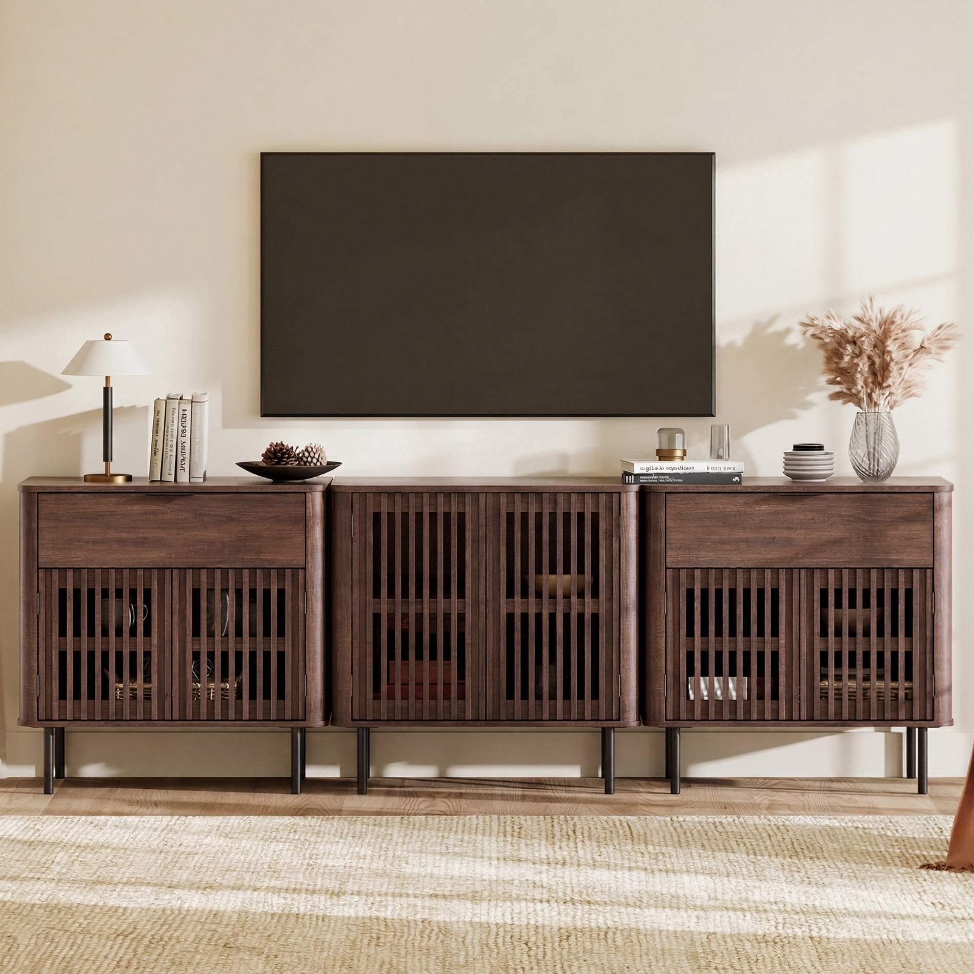 94.5 Inch Large Fluted Buffet Cabinet Sideboard with Storage,Wood Modern Accent Coffee Bar Console Table, Walnut