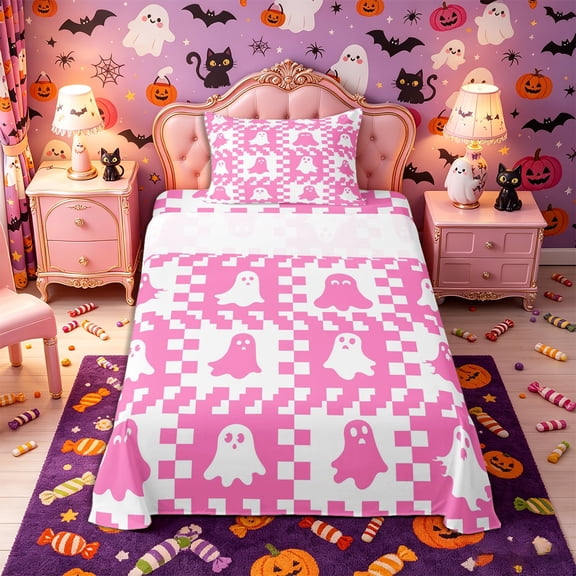 Manfei Halloween Ghost Twin Sheets 3pcs, Vintage Geometric Checkered Bedding, Hot Pink White,1 Fitted Sheet, 1 Flat Sheet and 1 Pillowcase