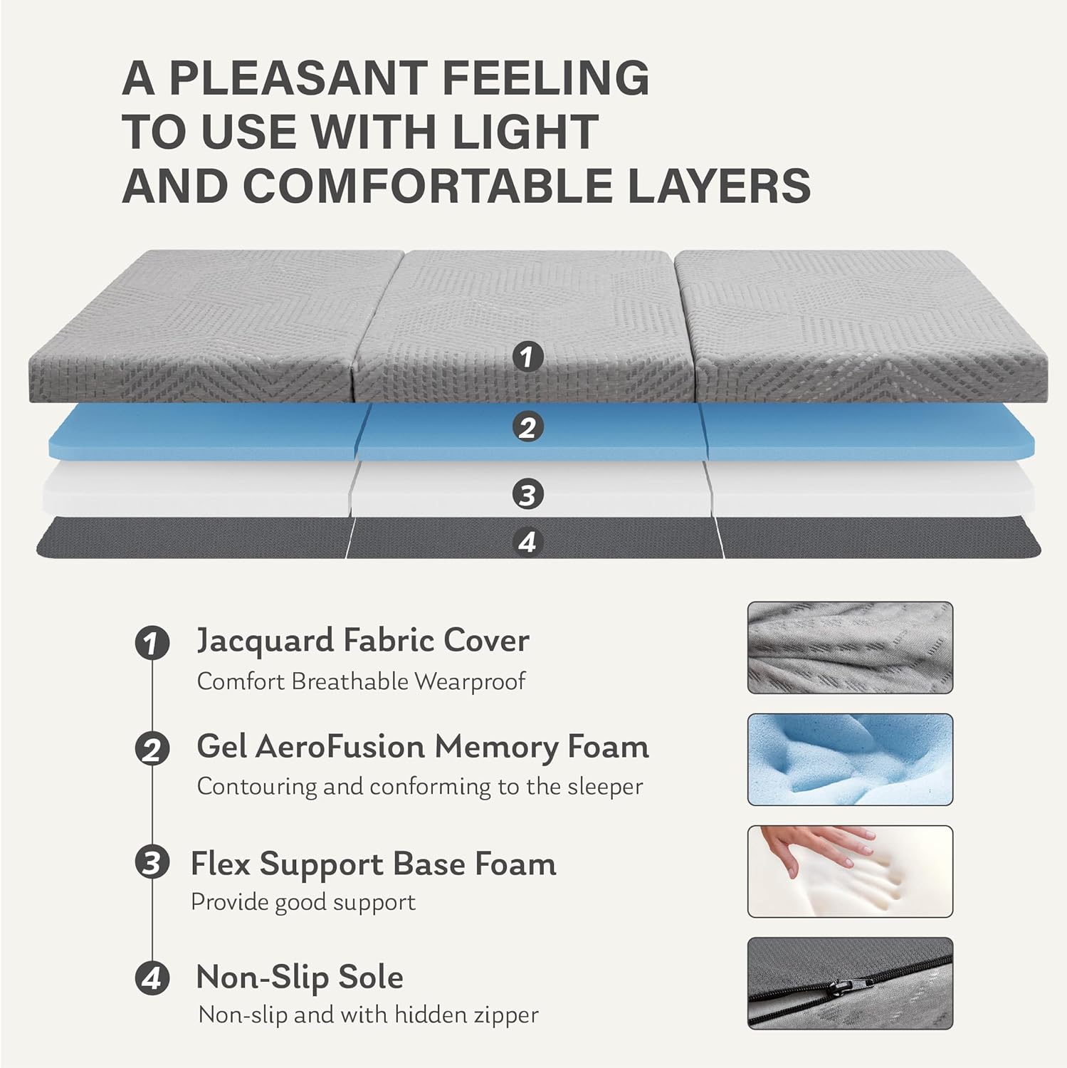 MLILY 4 Inch Tri-Fold Memory Foam Mattress, Collapsible Travel Guest Mat with Washable Cover, 75"25"4", Grey