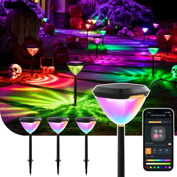 Linkind Smart Solar Pathway Lights SP6, in-App Pattern Switching Solar Lights Outdoor Waterproof, Solar & Wired Charging Color-Changing Landscape Lighting, Halloween Decor for Yard, Patio (4 Pack)