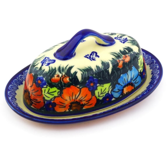 Polish Pottery 7¾-inch Butter Dish (Butterfly Splendor Theme) Signature UNIKAT Hand Painted in Boleslawiec, Poland + Certificate of Authenticity