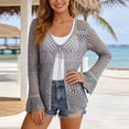 thumbnail image 2 of JIAYUE Women's Swimsuit Cover-Ups Solid Color Long Sleeve V Neck Lace Up Knit Scalloped Beach Hollow Cardigan Comfortable Swimwear Cover Up Top, 2 of 6