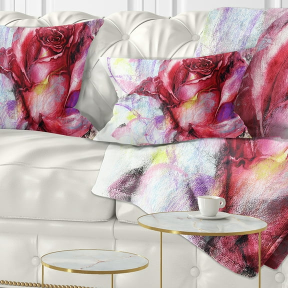 Designart Red Rose Illustration - Floral Throw Pillow - 12x20