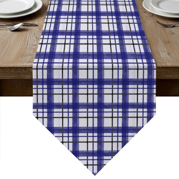 Vintage Plaid Table Runner Linen Burlap Table Runner 120 Inches Long Navy Blue Farmhouse Checked Stripes Dresser Scarves for Kitchen Island Coffee Dining Room Party Wedding Holiday 13"x120"