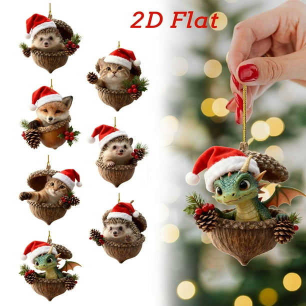 Adornos navideños de animales del bosque acrílicos de 3.1 pulgadas, juego de 7 | Lindos adornos colgantes para árbol navideño con temática de vida silvestre y caja de regalo | Tema rústico natural