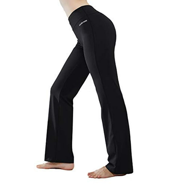 HISKYWIN Inner Pocket Yoga Pants 4 Way Stretch Tummy Control Workout  Running Pants, Long Bootleg Flare Pants HF2 Black-L 