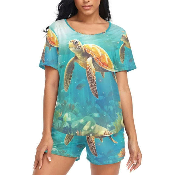 joogoo Women's Pajama Set Sea Turtle Short Sleepwear Loungewear with Pockets M