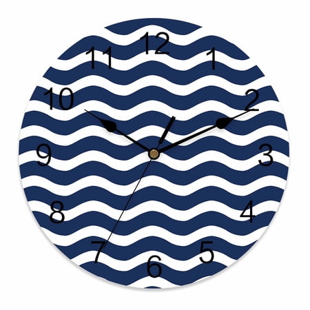 Wall Clock 10 Inch Geometric Nautical Striped Pattern Round Silent Decorative Wall Clocks Battery Operated for Living Room Bedroom Kitchen Classroom Decor, Navy Blue White Wave Pattern,Small
