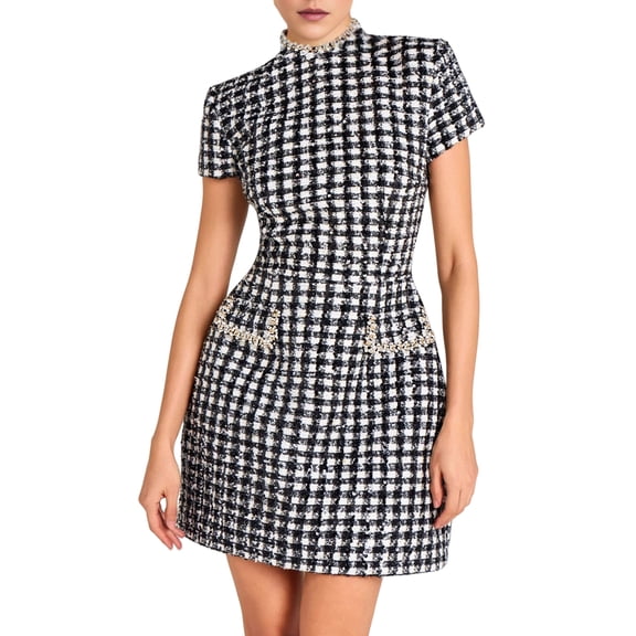 Women'S Elegant Short Sleeve A-Line Dresses Plaid Dress Black XL