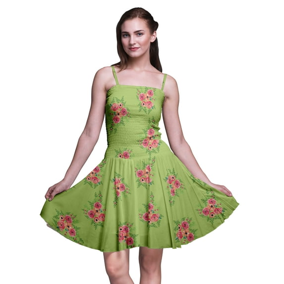 Bimba Floral Printed Women Smocked Waist Top Spaghetti Strap Mini Sun Dress-Medium