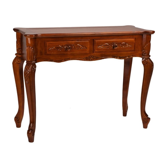 International Caravan Carved Wood 2 Drawer Queen Anne Hall Table