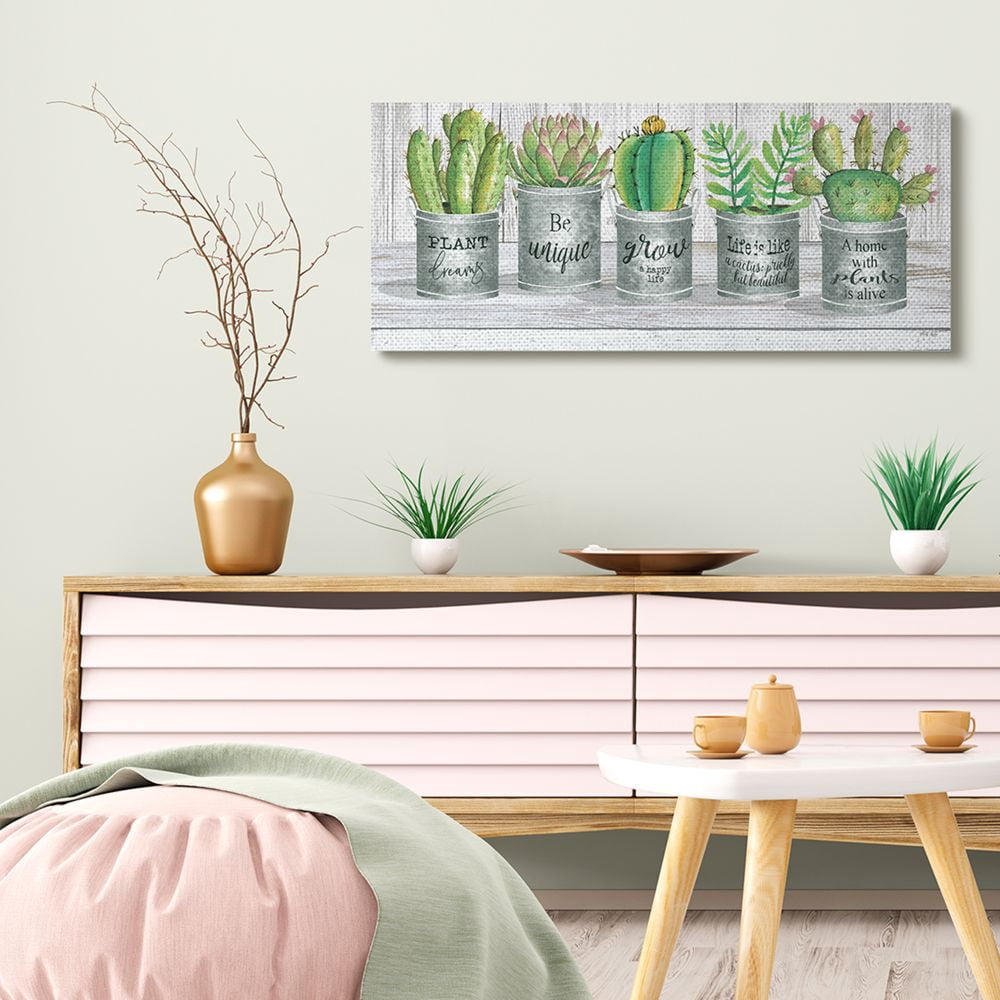 Stupell Industries Succulent and Cactus Jars with Plant Life Puns Canvas Wall Art Design by Cindy Jacobs, 17" x 40"