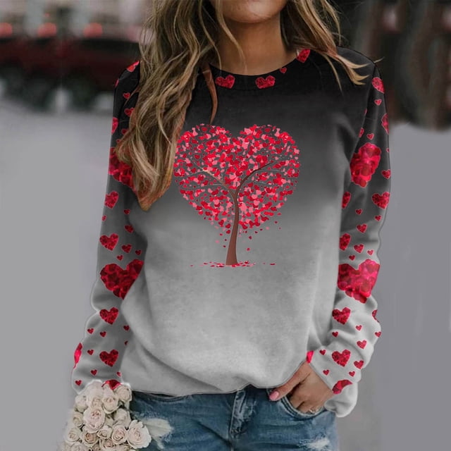 Qertyioot T-Shirt Graphique de la Saint-Valentin pour Femmes à Manches Longues, Blouse Ample Imprimée Mode Col Rond Hauts Décontractés