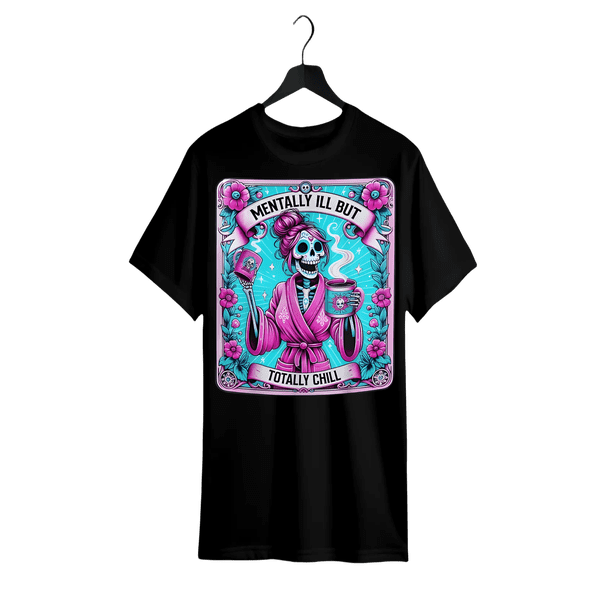 Graphic vintage tee Men's "Mentally ill But Totally Chill" Skeleton Coffee Tarot Graphic T-Shirt - Black, 100% Cotton, Relaxed Fit, Machine Washable, all-Season Comfort, 220g, Shirts