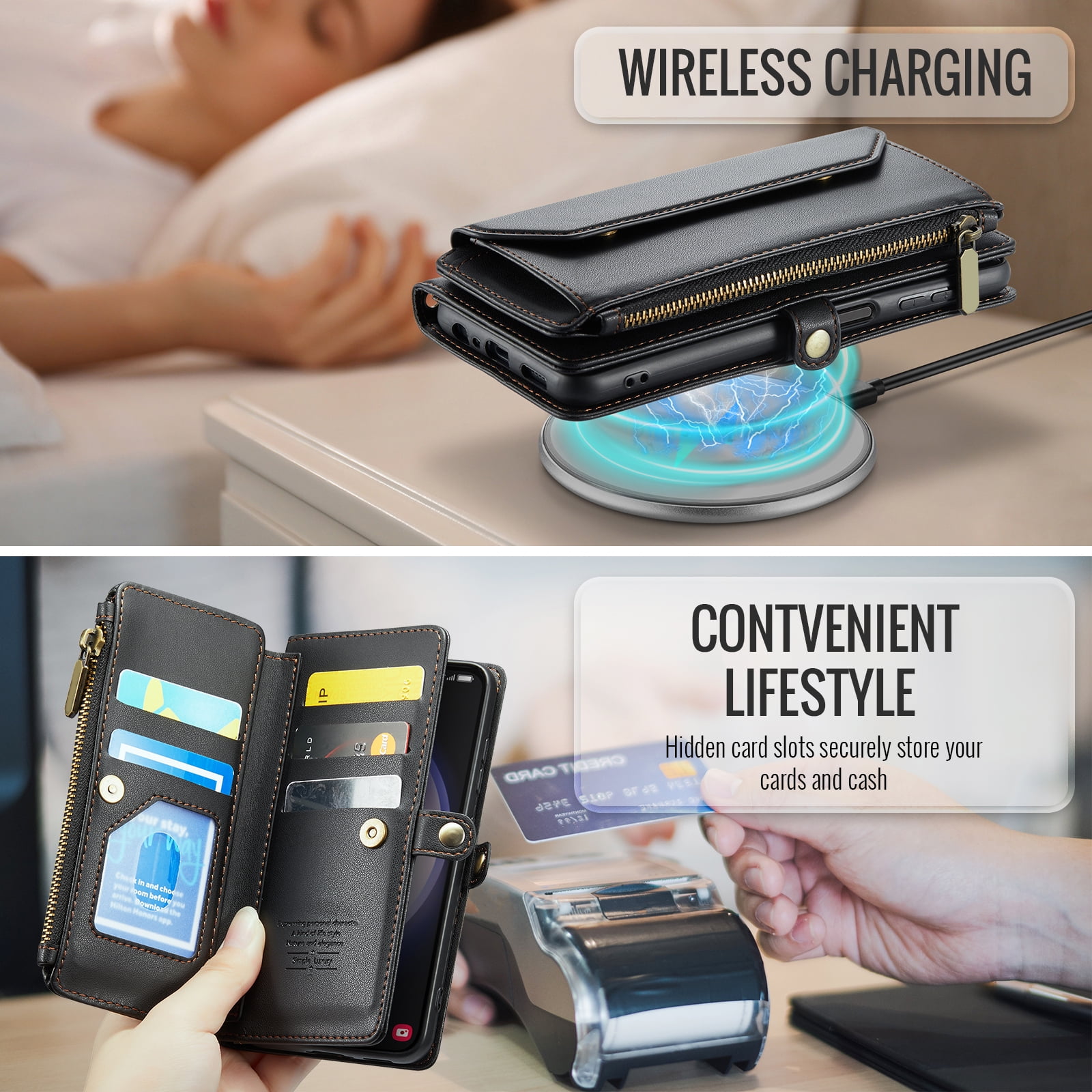 Compatible with Samsung Galaxy S23 5G Zipper Wallet Phone Case Tempered Glass Screen Protector Crossbody Lanyard Strap Flip Card Holder Slot Cell Cover for S 23 23S GS23 G5 SM-S911U 6.1 Women Black