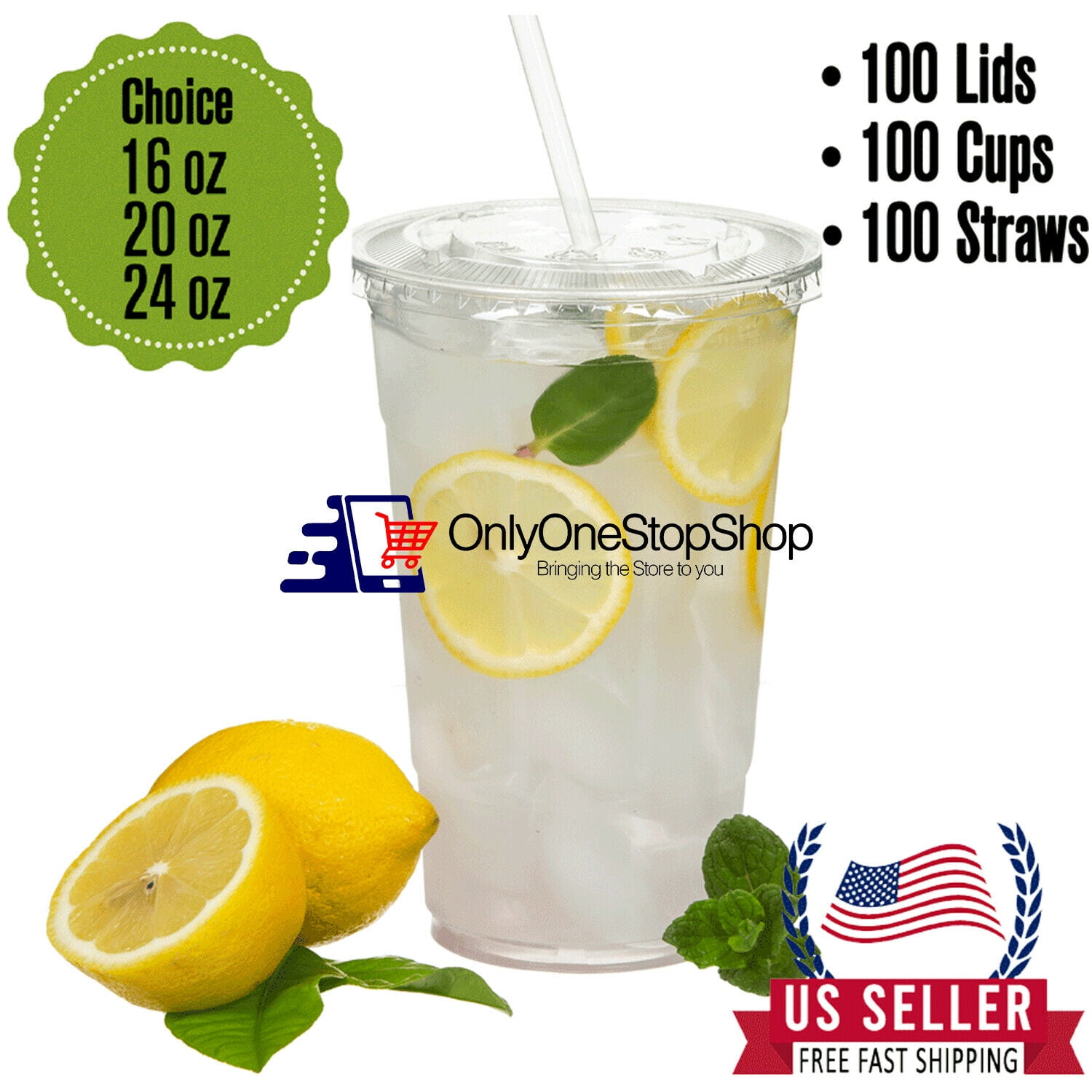 Disposable Plastic to Go Cups with Flat Lids and Straws - Clear Bulk 100 Sets (16 oz)