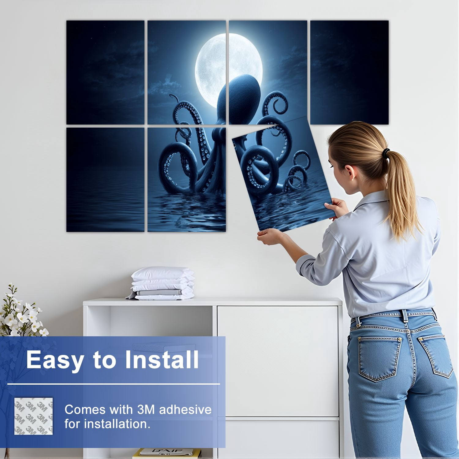 Gothic 8 Pack Art Acoustic Panels Sound Absorbing Giant Octopus Emerging Ocean Full Moon Night Sky Decorative Soundproof Wall Panels Self Adhesive for Nursery Game Room Bedroom 48"x32"