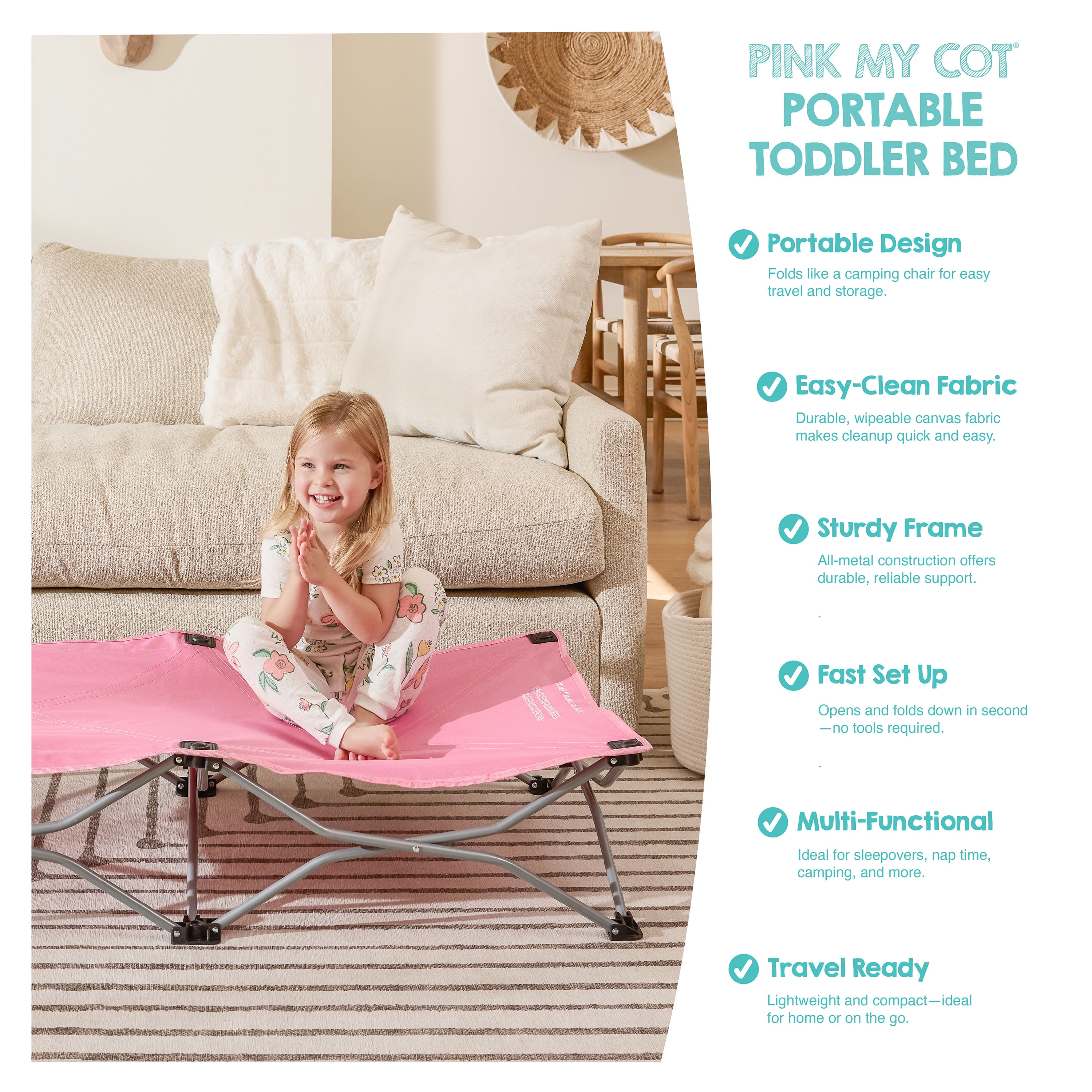Regalo My Cot Portable Toddler Bed, Lightweight Foldable Travel Bed for Kids, Pink