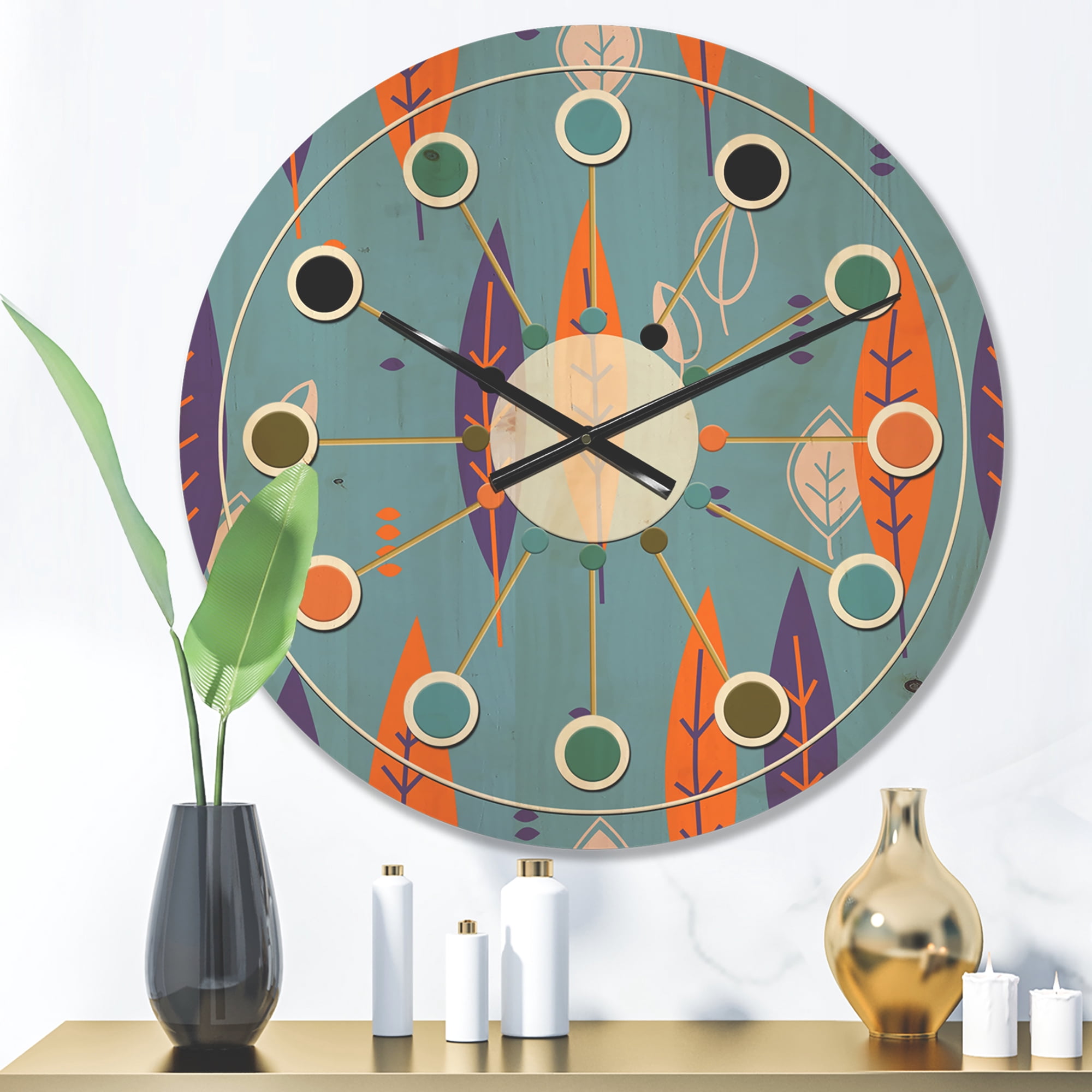 Designart 'Botanical Floral Retro Pattern II' Mid-Century Modern Wood Wall Clock
