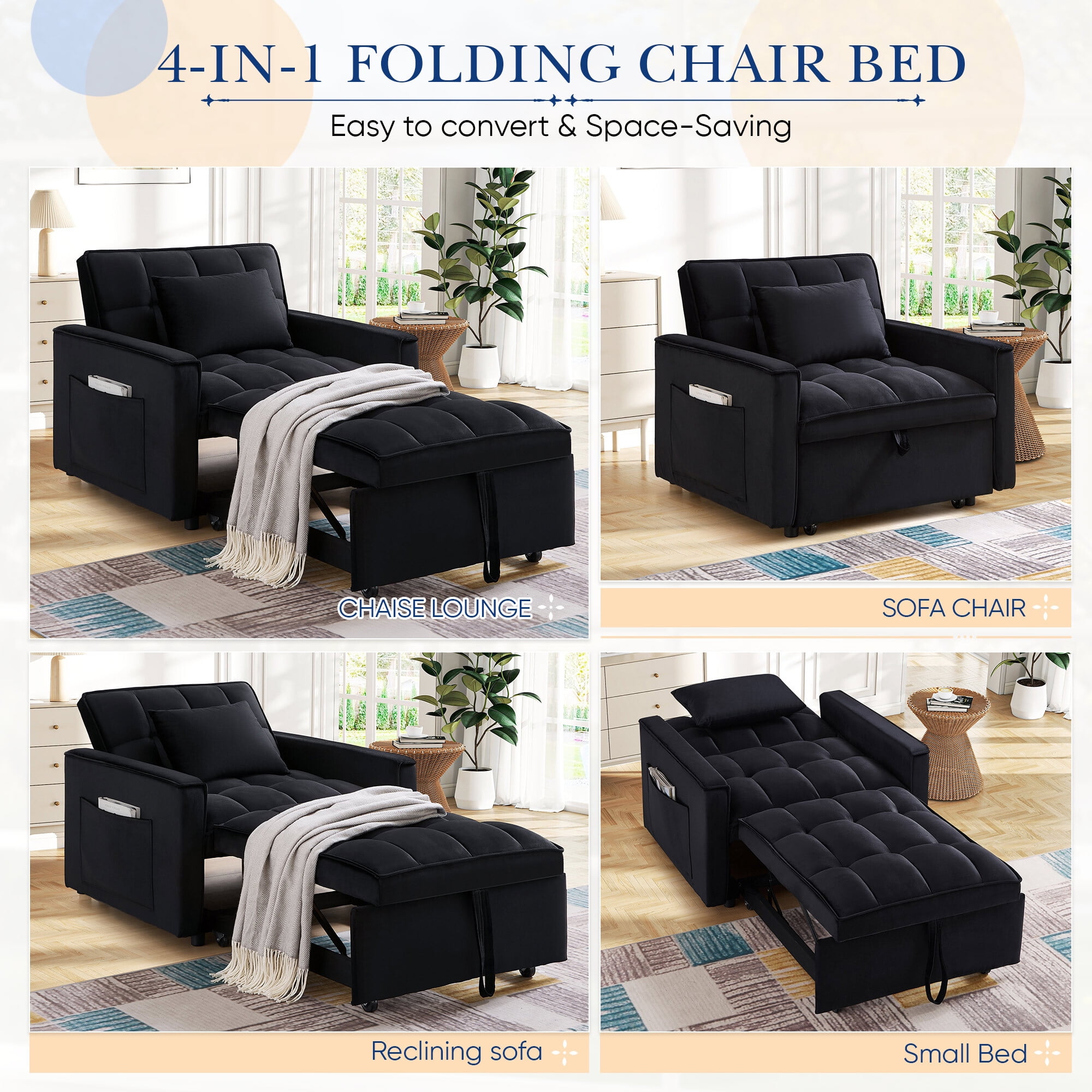 Lunale 4-in-1 Convertible Sleeper Sofa Chair Bed for Adult, Lounge Chair Indoor, Modern Single Couch for Living Room, Small Spaces, Black Velvet