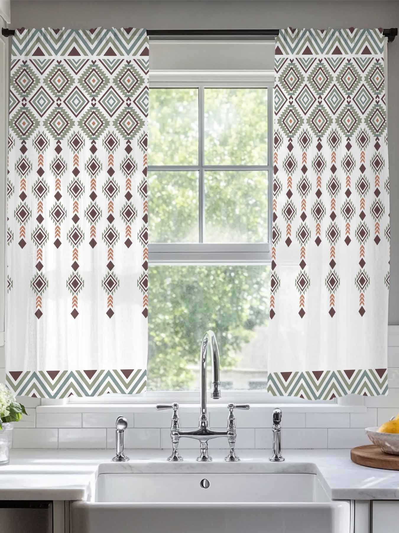 Sheer Curtain Panels Boho Diamond Voile Window Curtains Bohemian Geometric Stripes Beads Window Treatments Ligh Filtering Privacy Curtain Drapes for Bedroom Living Room 2 Panel Set 63 Inch