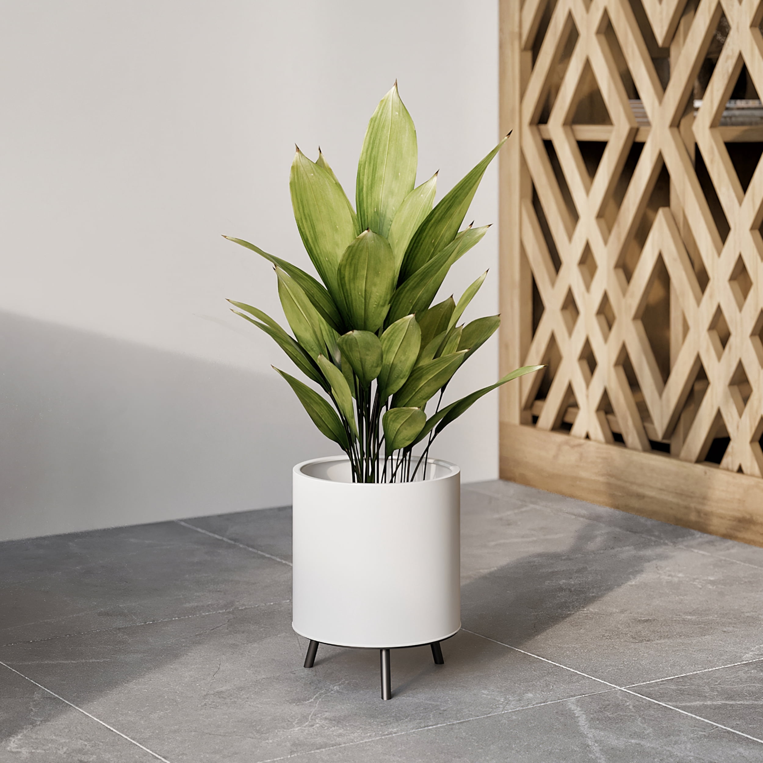 Raya White Mid-Century Modern Indoor Metal Pot Planter with 3-Leg Metal Base - 10.5" H x 8" W