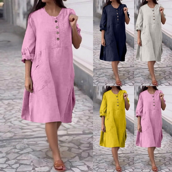 QIUOMBBP Plus Size Linen Dress for Women Summer Crew Neck Half Sleeve Midi Dresses Casual Loose Fit Daily Outfits Yellow XXXL
