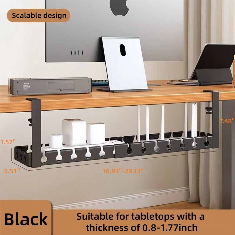 Youersen Under Desk Cable Management Tray, Adjustable 16.9'' to 29.1" No Drill Organizer for Cords, Black