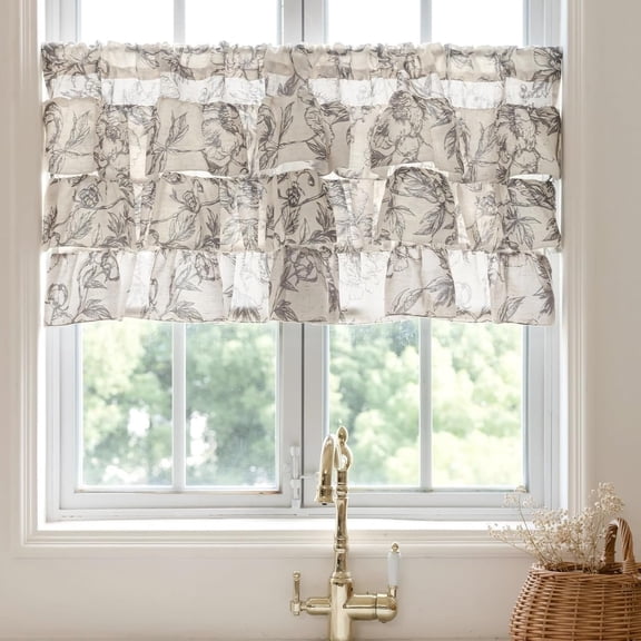 Linen Ruffled Valance Curtain for Kitchen Windows, 52 x 18, Taupe | Rustic Floral Window Decor for Living Room, Cottage Window with Rod Pocket, 1 Panel