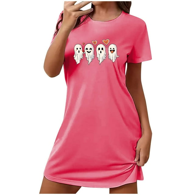 Tnhcen Robe de Nuit Halloween Grande Taille Incluse Imprimé Dessin Animé Manches Courtes Col Rond Polyester Spandex Extensible P-2TG pour Chaque Femme