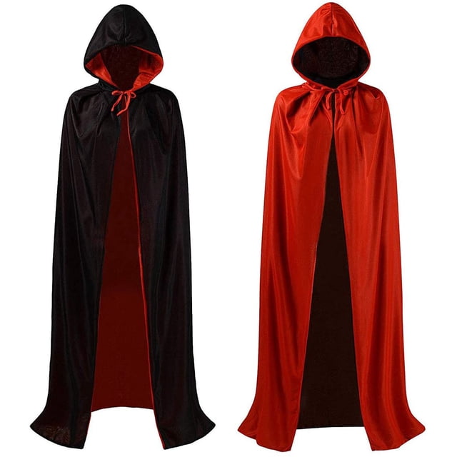 Cape Noire Rouge à Capuche Double Face pour Adulte pour Costume de Cosplay d'Halloween. une Cape Réversible à Capuche Affichée en options Noir et Rouge, avec une Capuche Ample et une Fermeture à Nouer pour un Port Sécurisé. Environ 170 cm de long, Conçue pour les Adultes. Parfaite pour les Fêtes d'Halloween, le Cosplay Ou les Événements de Carnaval comme Accessoire de Costume Polyvalent.