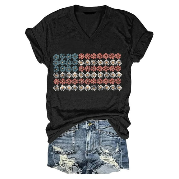 HEILAU 4th of July Shirts for Women Independence Day American Flag Graphic Tees Casual V Neck Short Sleeve T Shirt Patriotic T Shirts