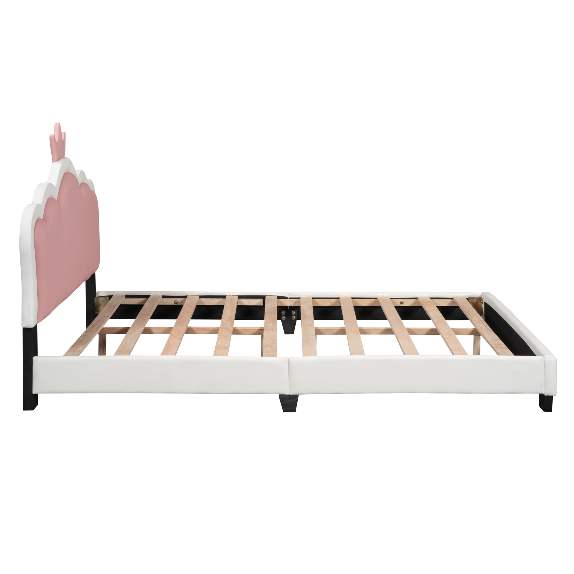 Aukfa Upholstered Platform Bed with Princess Crown Headboard, PU Full Size Bed Frame for Kids - Pink